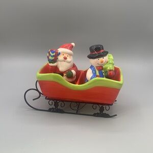 Santa Snowman Salt Pepper Shakers  Ceramic Sleigh Metal Wire Holder Skis